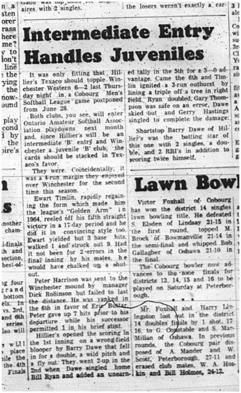 1965-07-14 Softball  - Men - Cobourg Mens Softball League - Hilliers Texaco Vs. Winchester Western