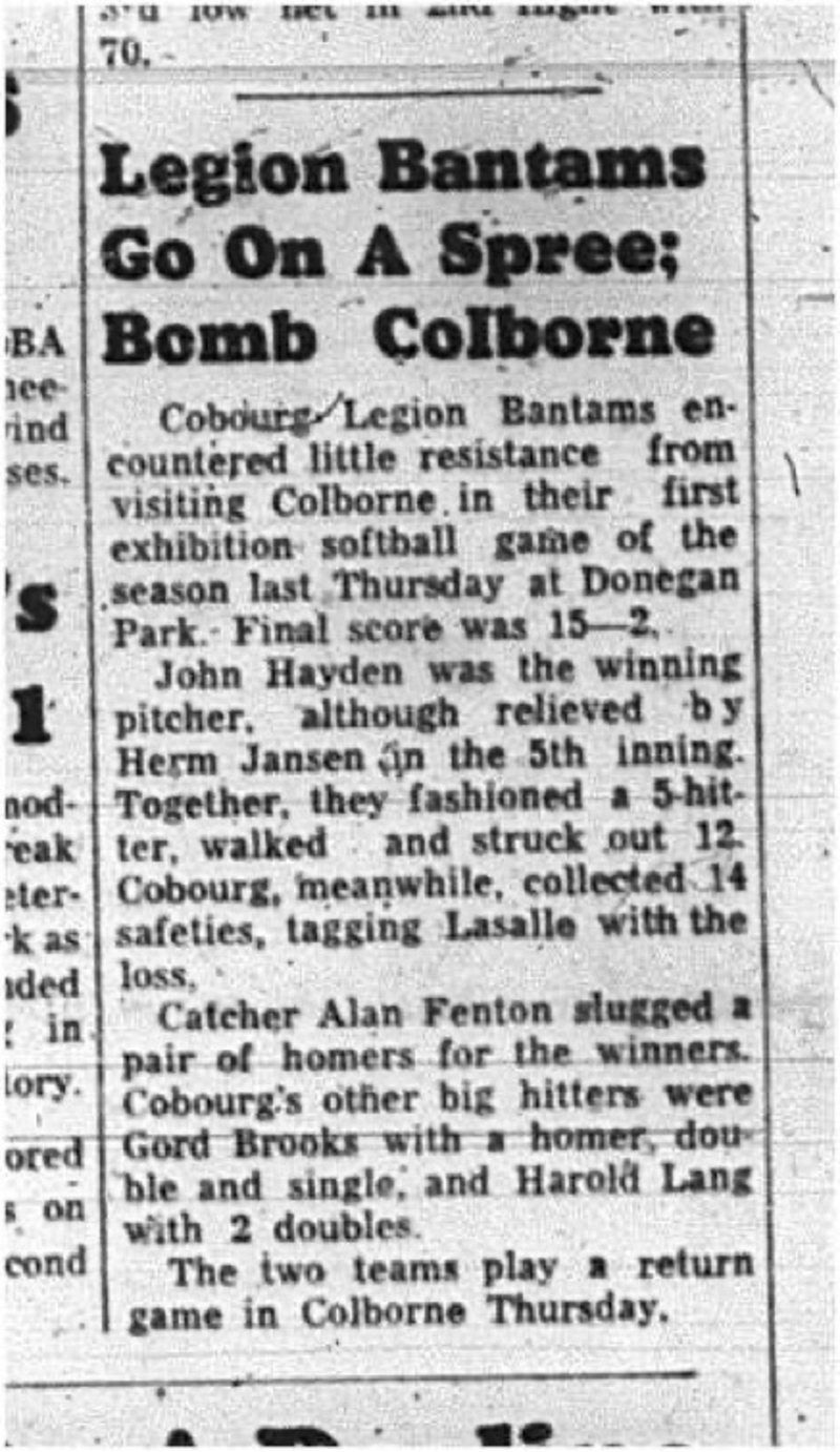 1965-07-14 Softball - Boys - Cobourg Legion Minor Softball League - Bantams Vs. Colborne