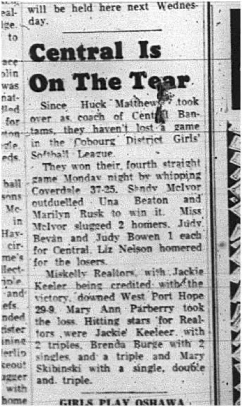 1965-07-14 Softball - Girls - Cobourg District Girls Softball League - Central Bantams Vs. Coverdale