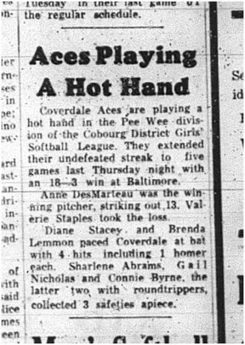 1965-07-14 Softball - Girls - Cobourg District Girls Softball League - Coverdale Aces Vs. Baltimore
