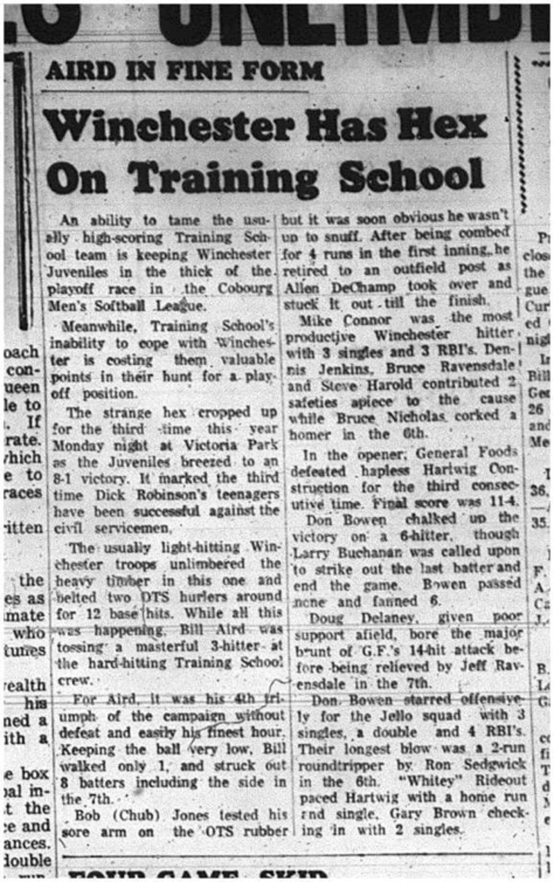 1965-07-14 Softball - Men - Cobourg Men_s Softball League -Winchester Vs. Training School
