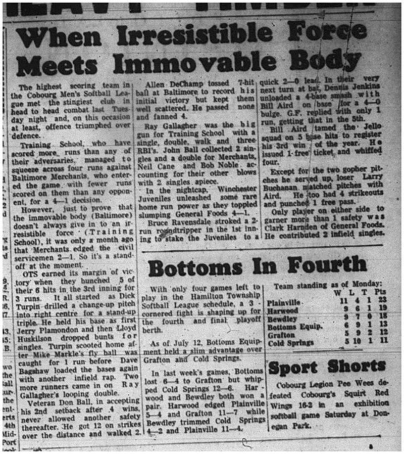 1965-07-14 Softball - Men - Cobourg Mens Softball League - Training School Vs. Baltimore Merchants
