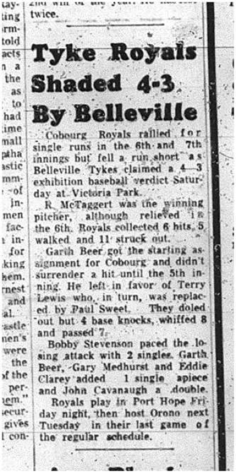 1965-07-14 Softball - Men - Cobourg Mens Softball League - Tyke Royals Vs. Belleville