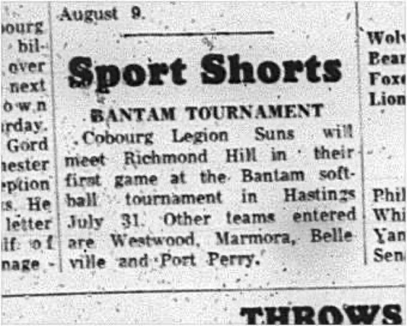 1965-07-21 Softball - Boys - Cobourg Legion Minor Softball League - Bantam Tournament