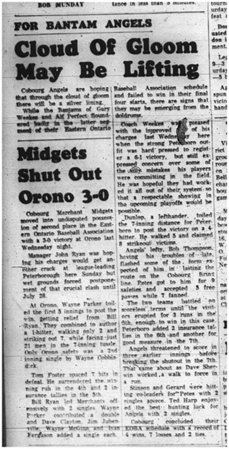 1965-07-21 Softball - Boys - Cobourg Legion Minor Softball League - Cobourg Angels - Bantams