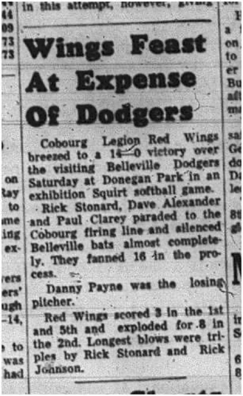 1965-07-21 Softball - Boys - Cobourg Legion Minor Softball League - Legion Red Wings Vs. Belleville Dodgers