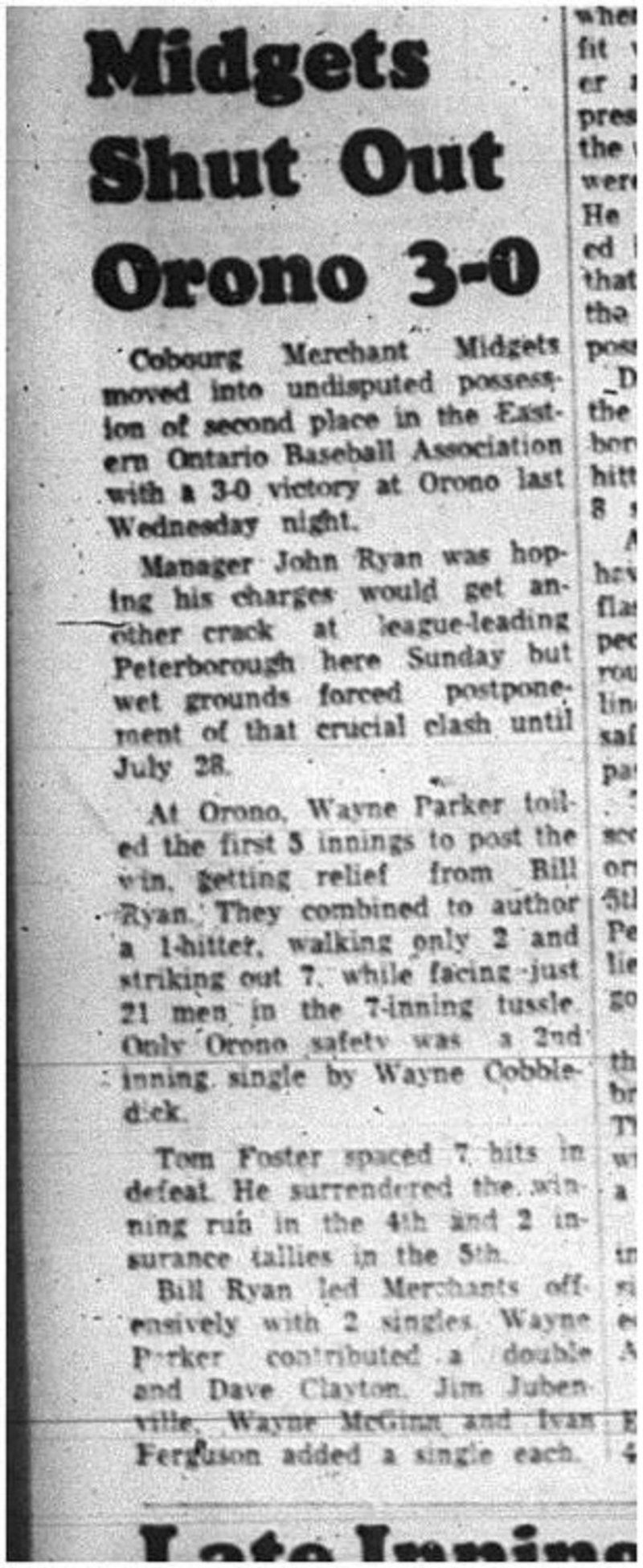 1965-07-21 Softball - Boys - Cobourg Legion Minor Softball League - Merchant Midgets Vs. Orono