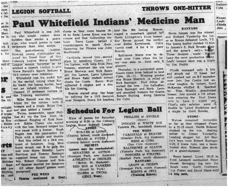 1965-07-21 Softball - Boys - Cobourg Legion Minor Softball League - Paul Whitefield