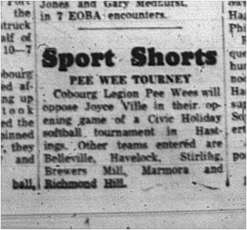 1965-07-21 Softball - Boys - Cobourg Legion Minor Softball League - Peewee Tournament