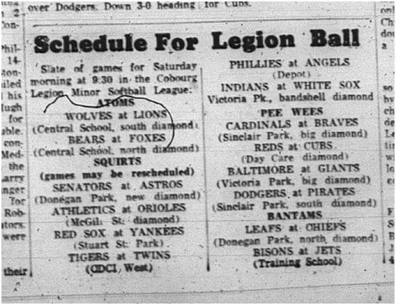 1965-07-21 Softball - Boys - Cobourg Legion Minor Softball League - Schedule