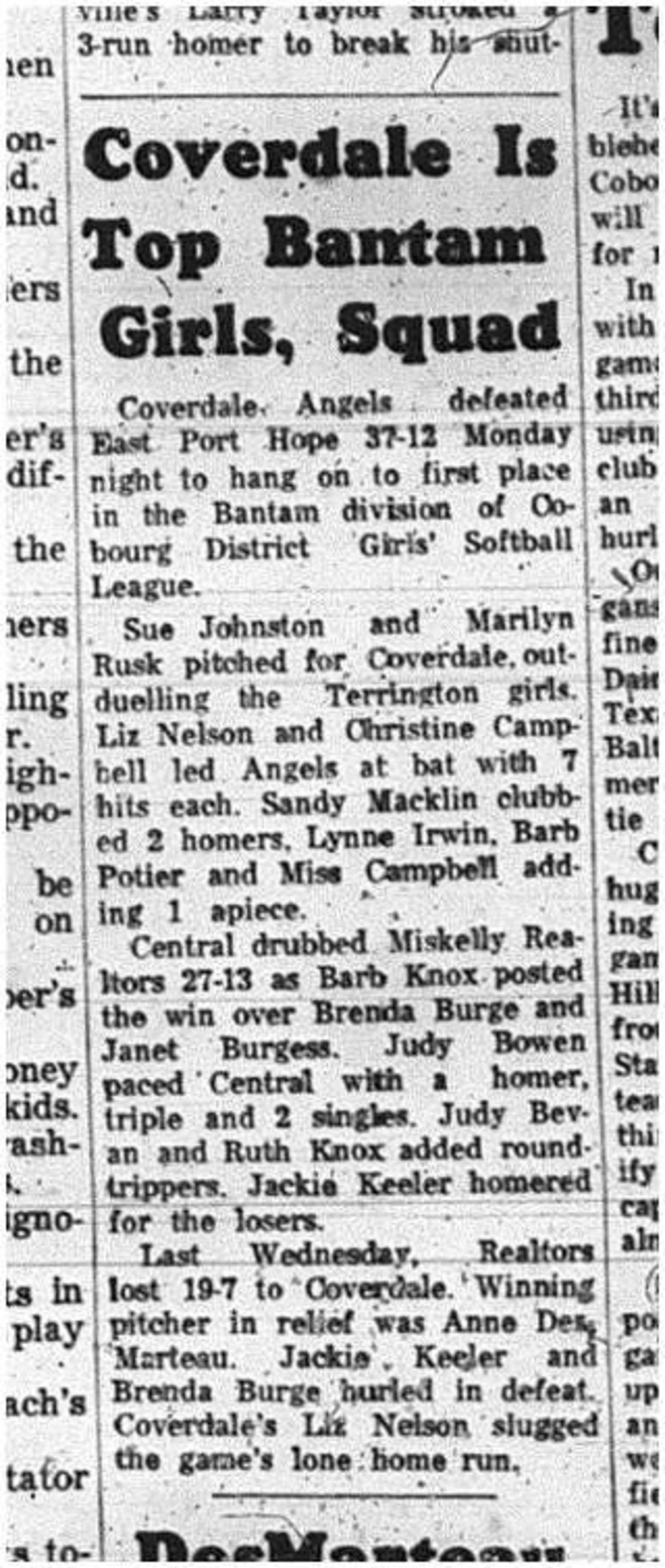 1965-07-21 Softball - Girls - Cobourg District Girls Softball League - Coverdale Angels