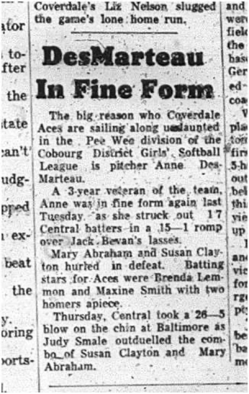 1965-07-21 Softball - Girls - Cobourg District Girls Softball League - Peewee Division