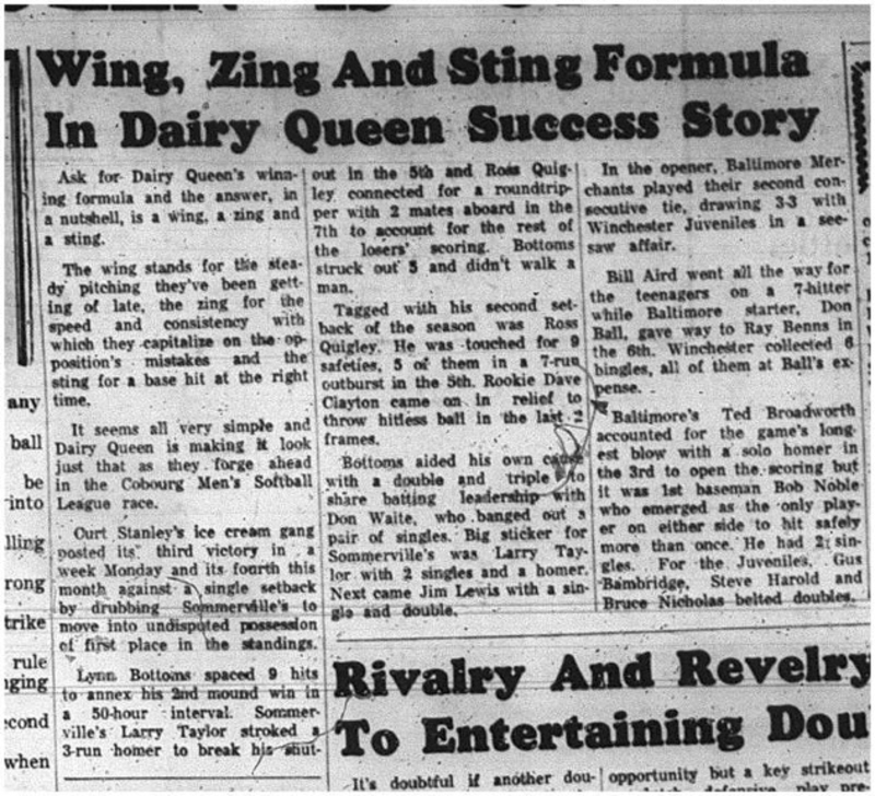 1965-07-21 Softball - Men - Cobourg Mens Softball League - Dairy Queen