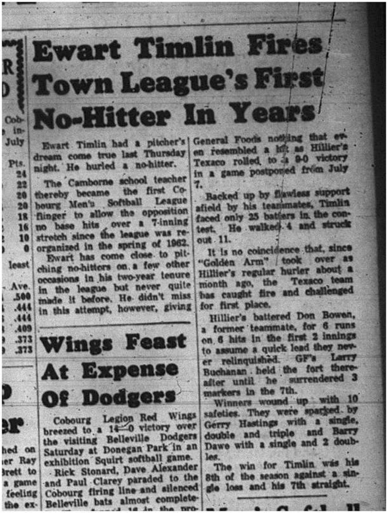 1965-07-21 Softball - Men - Cobourg Mens Softball League - Ewart Timlin