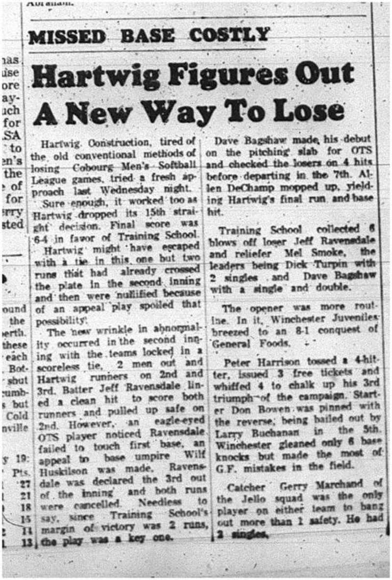 1965-07-21 Softball - Men - Cobourg Mens Softball League - Hartwig Construction