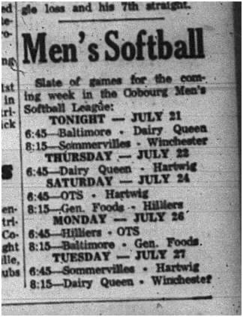 1965-07-21 Softball - Men - Cobourg Mens Softball League - Schedule