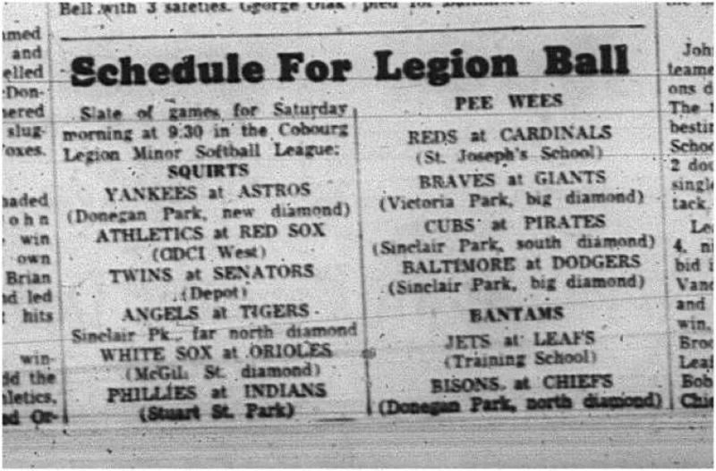 1965-07-28 Softball - Boys - Cobourg Legion Minor Softball League - Schedule