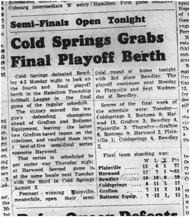 1965-07-28 Softball - Men - Hamilton Township Softball League -  Cold Springs Vs. Bedley - Playoffs