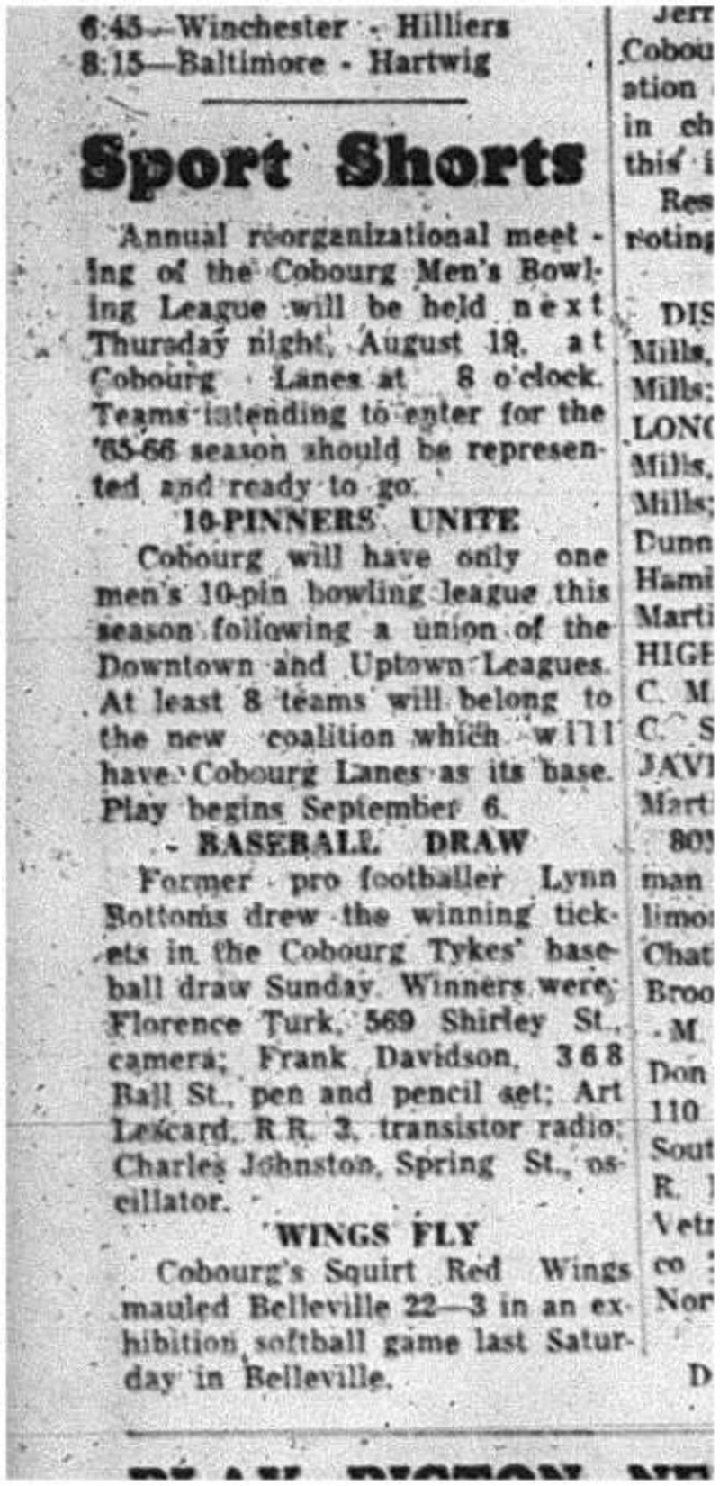1965-08-11 Lawn Bowling - Men 10-Pin Bowling - Cobourg Tykes Baseball - Squirt Red Wings Vs. Belleville