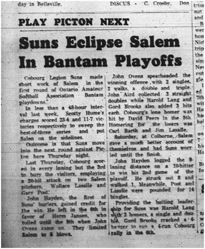 1965-08-11 Softball - Cobourg Legion Minor Softball League - Cobourg Legion Suns