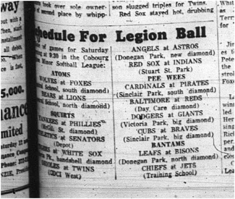 1965-08-11 Softball - Cobourg Legion Minor Softball League - Schedule 