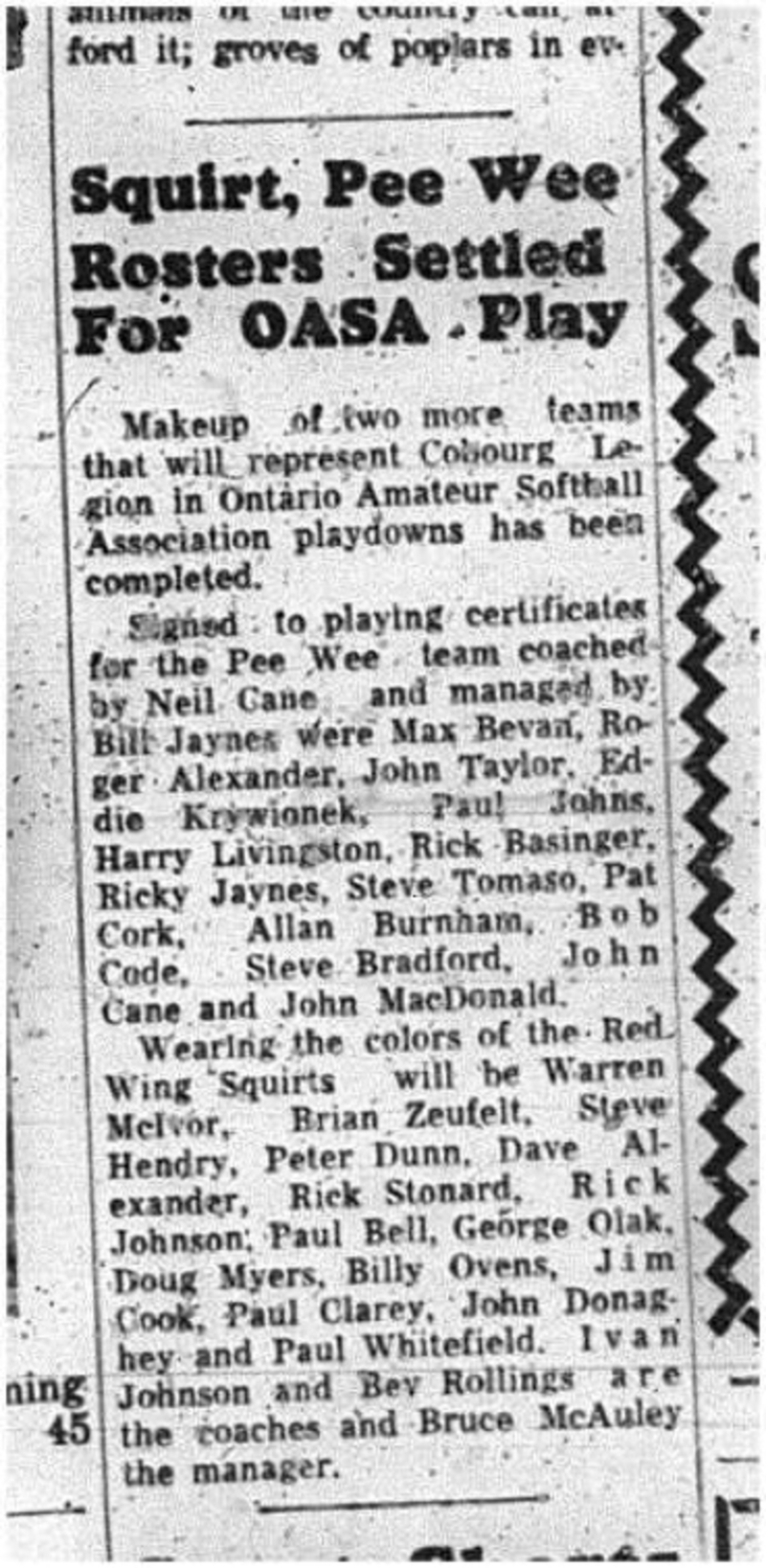 1965-08-11 Softball - Cobourg Legion Minor Softball League - Squirt - Peewee - Rosters - OASA