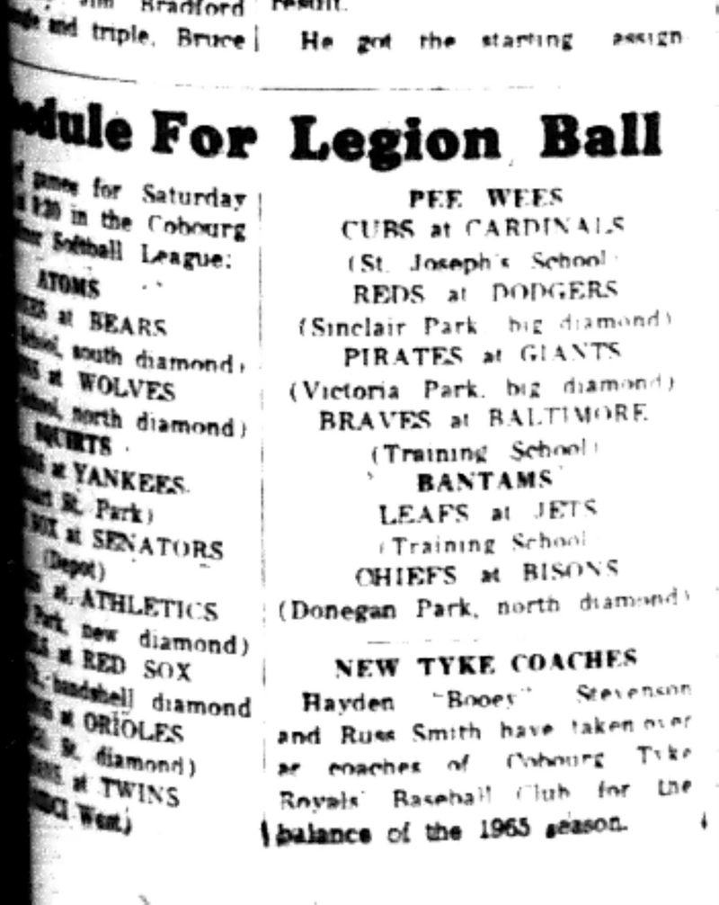 1965-08-18 Softball -Boys-Cobourg Legion Softball-Schedule