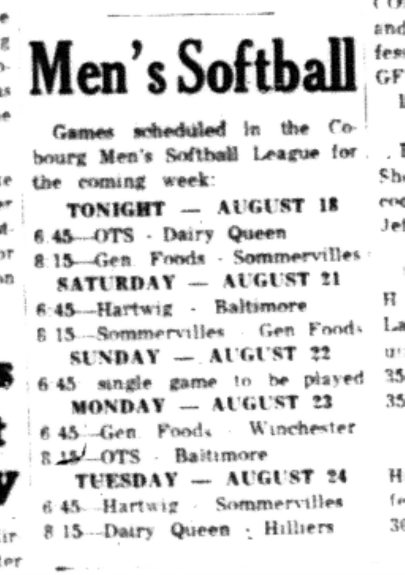 1965-08-18 Softball -Men-Cobourg Mens Softball Schedule