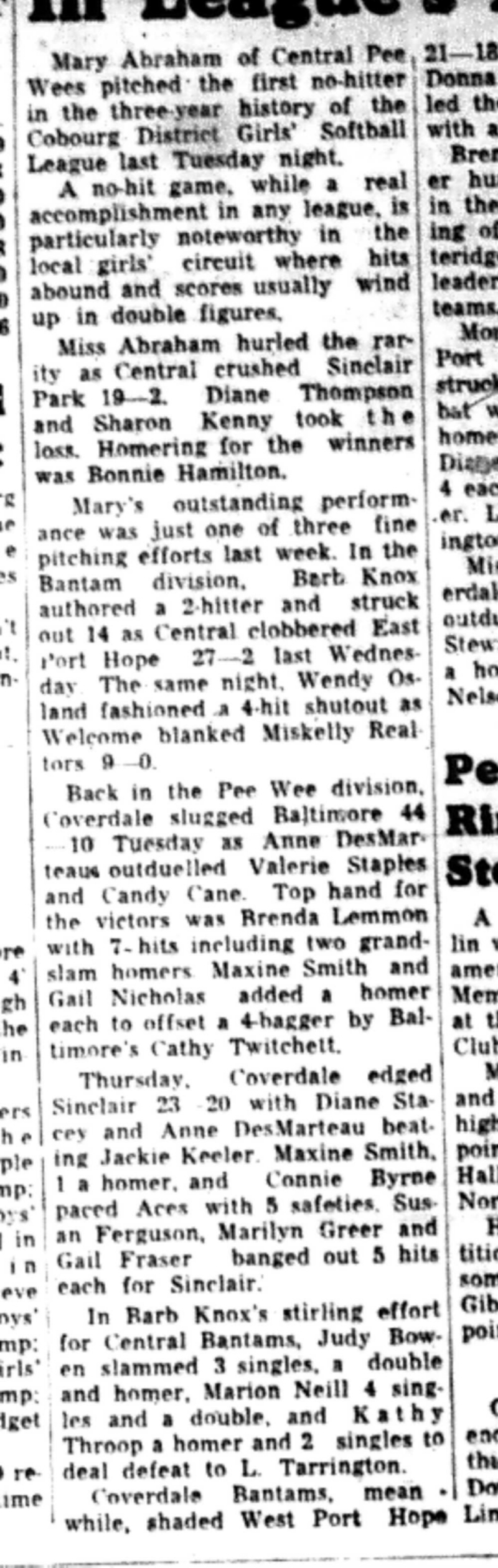 1965-08-25 Softball -Girls-CDGSL-First No Hit Game In League History-B
