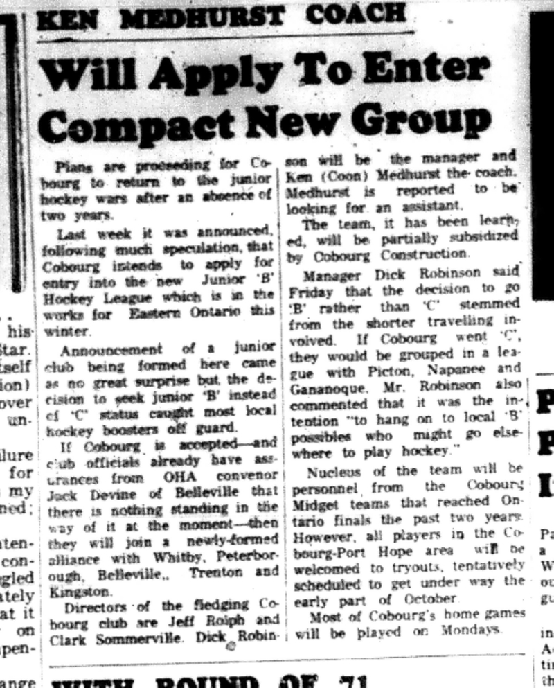 1965-09-01 Hockey -Boys -Cobourg Applies For Junior B Team