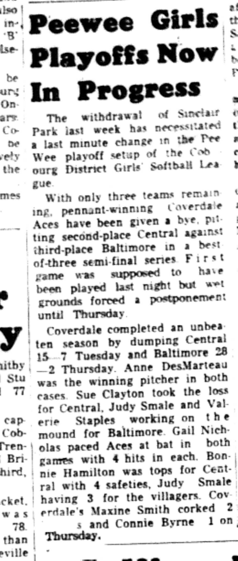 1965-09-01 Softball -Girls-CDGSL-Peewee Girls Playoffs Begin