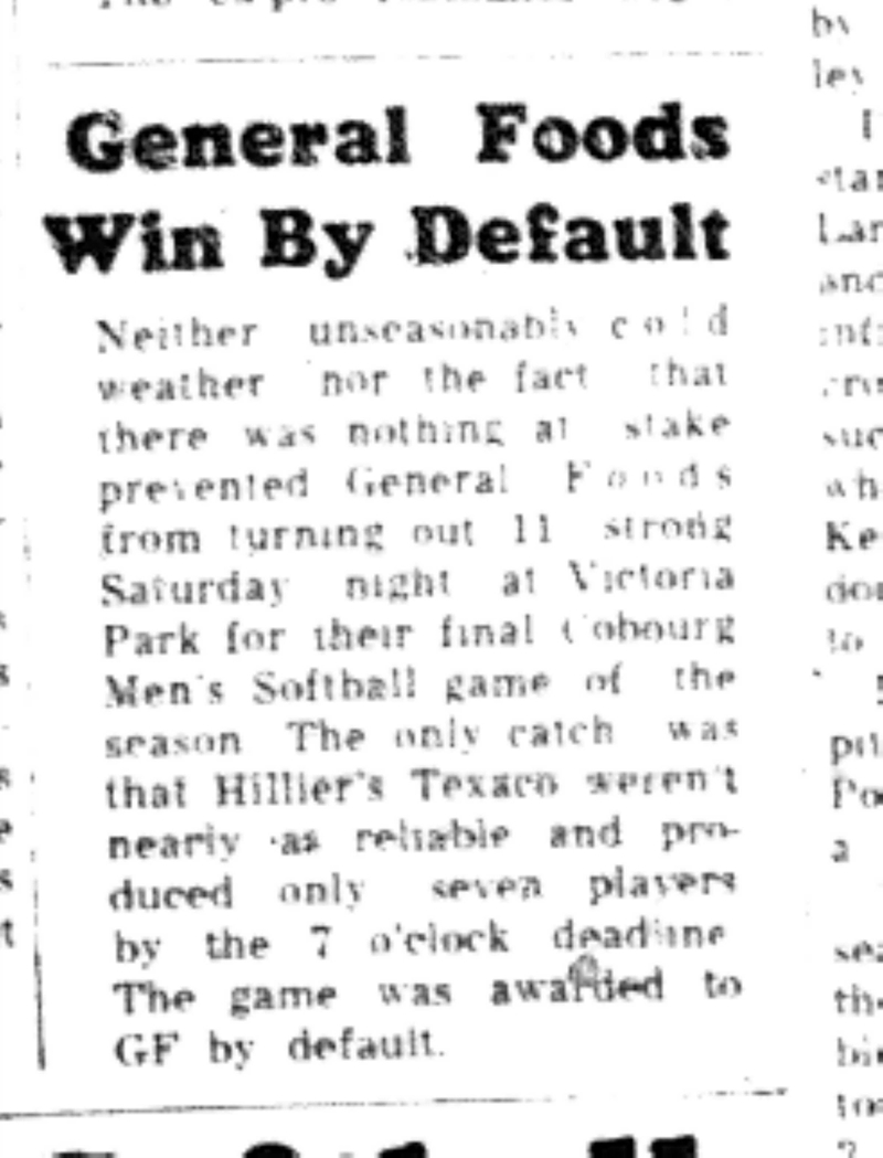 1965-09-01 Softball -Men-Genral Foods Win By Default