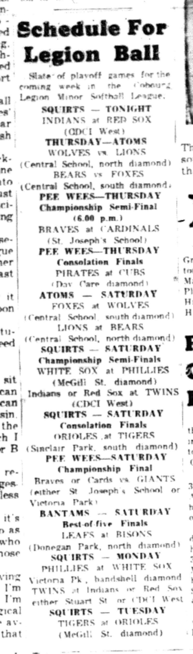 1965-09-15 Softball -Boys-Legion Ball Schedule