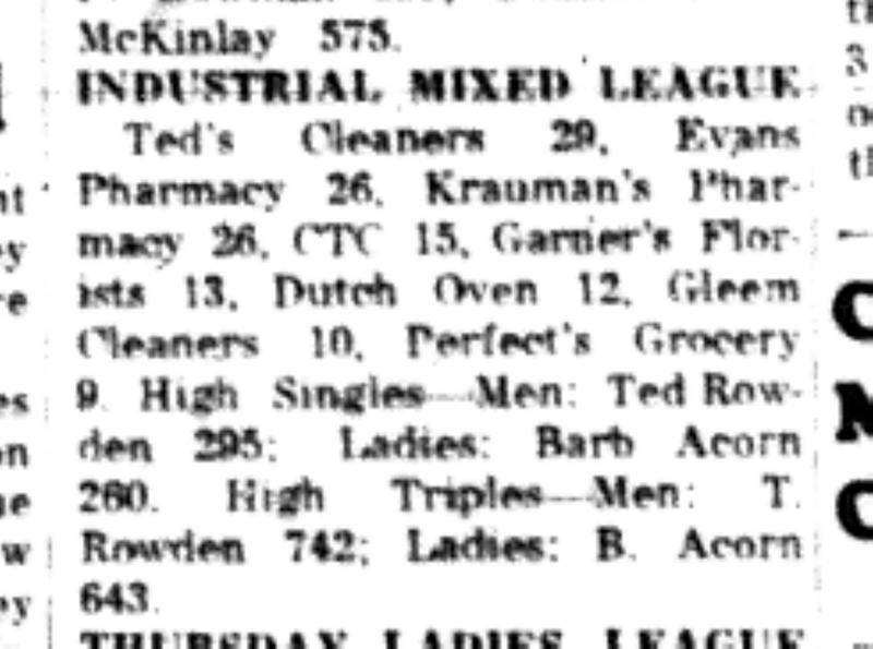 1965-10-20 Bowling -Mixed-Industrial League Results