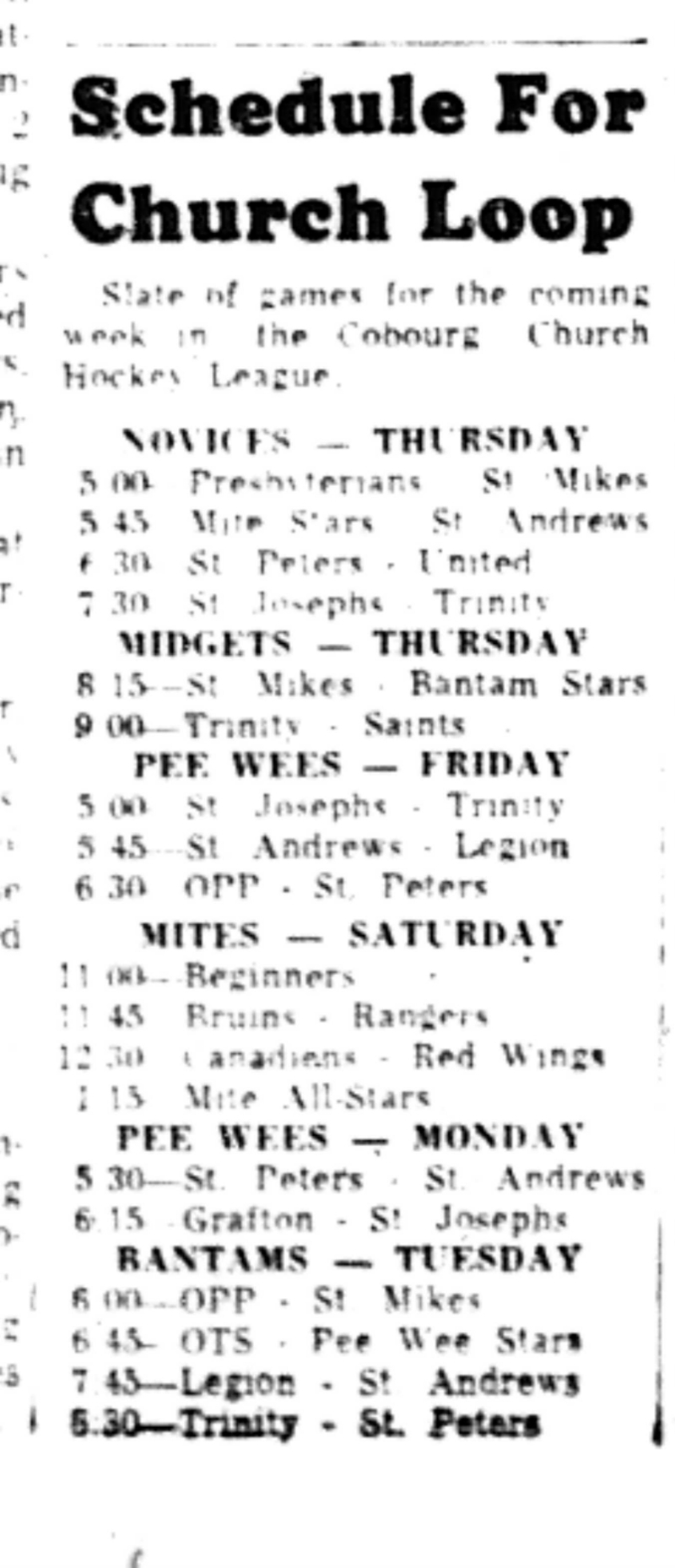 1965-11-10 Hockey -Boys-CCHL Schedule