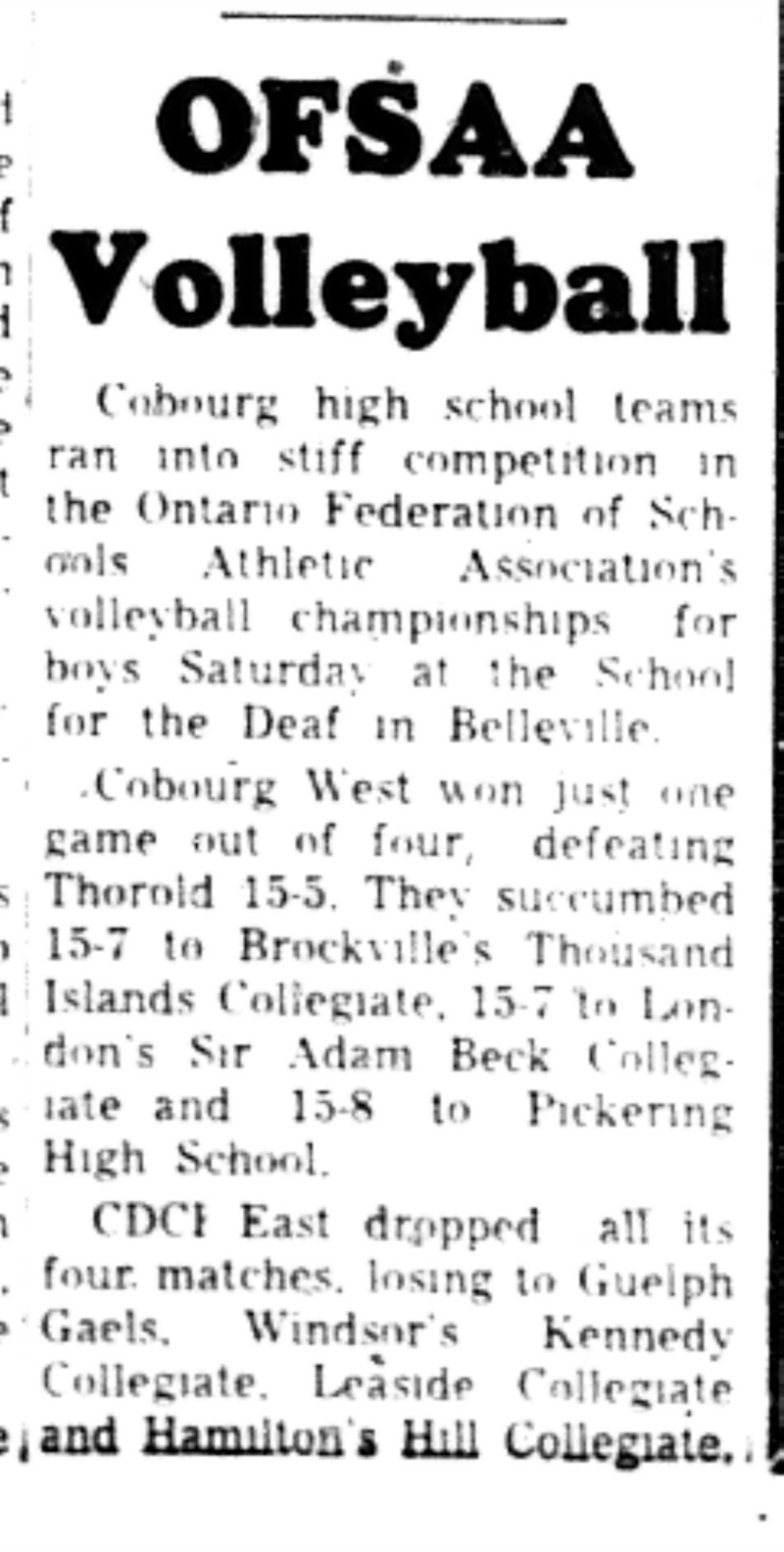 1965-12-08 School -Volleyball -Boys-Cobourg Schools At OFSAA