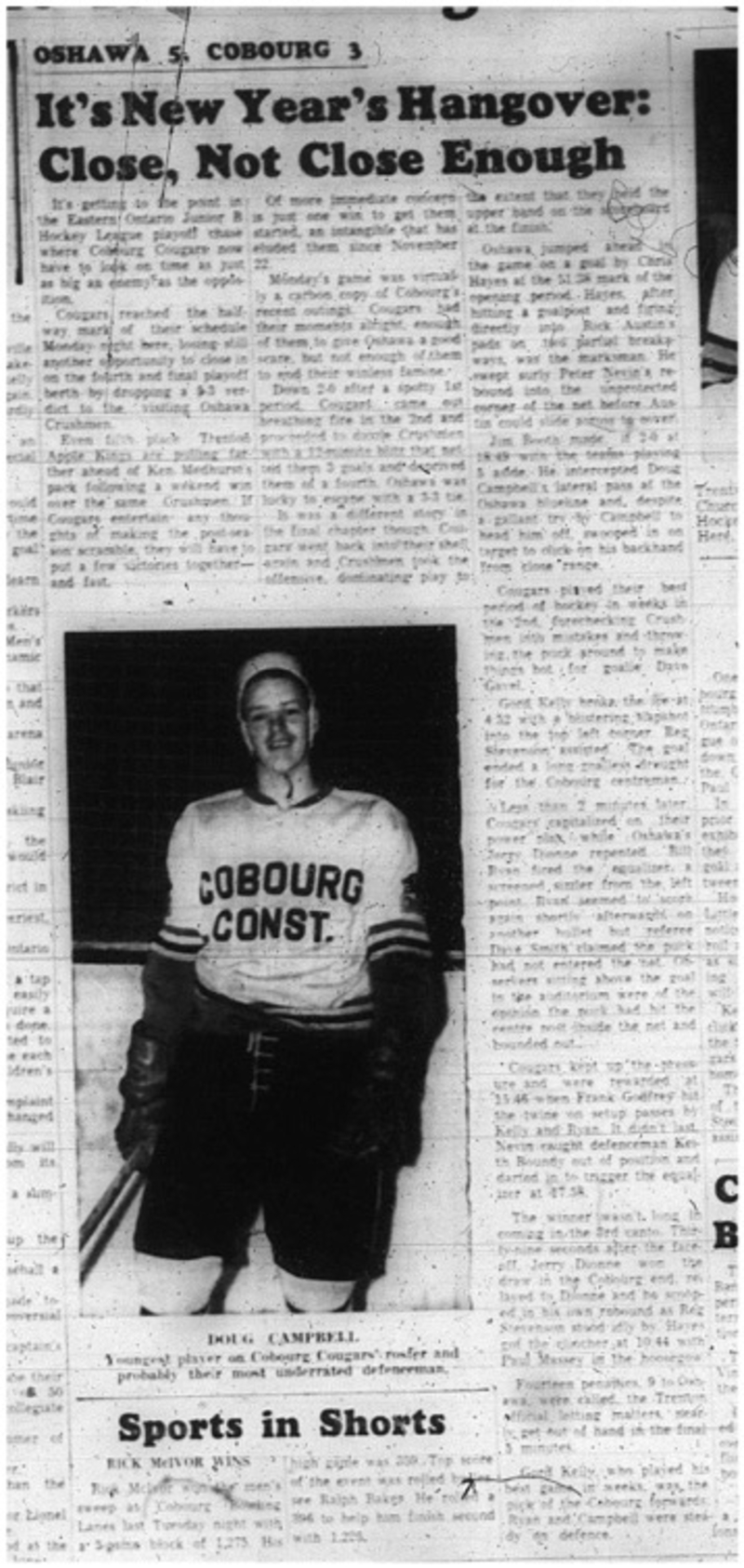 1966-01-05 Hockey -Boys -Junior B - Cobourg Cougars Vs. Oshawa Crushmen
