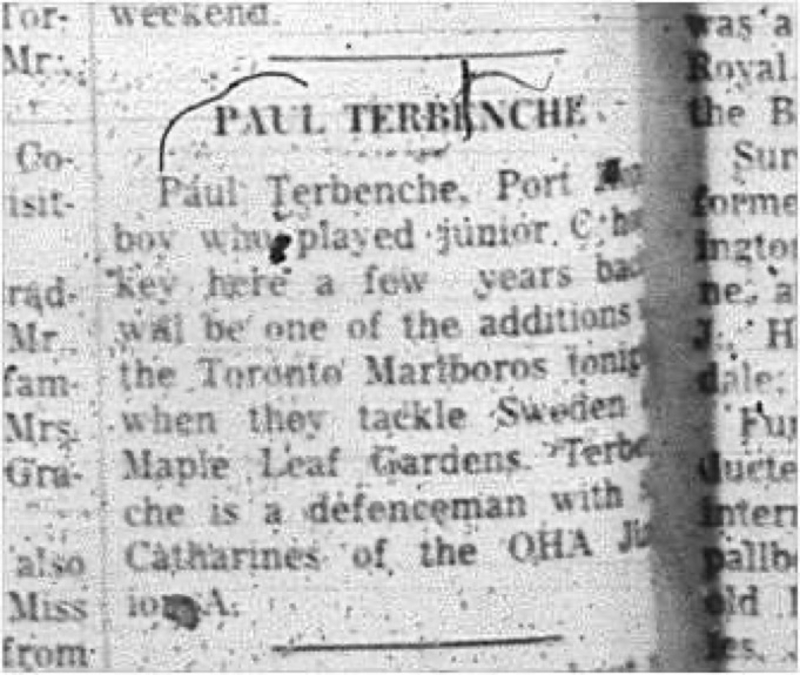 1966-01-05 Hockey -Boys -Junior C - Paul Terbenche - Toronto Marlboros