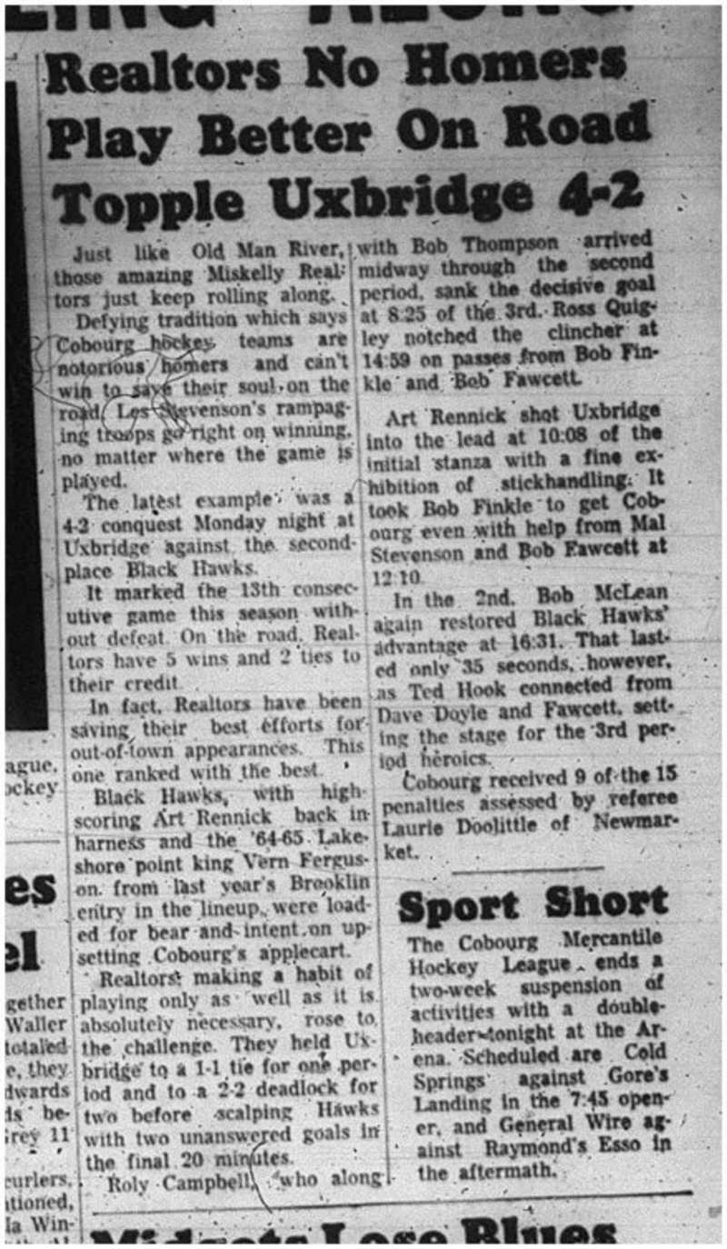 1966-01-05 Hockey -Boys -Lakeshore Intermediate Hockey League - Miskelly Realtors Vs. Uxbridge