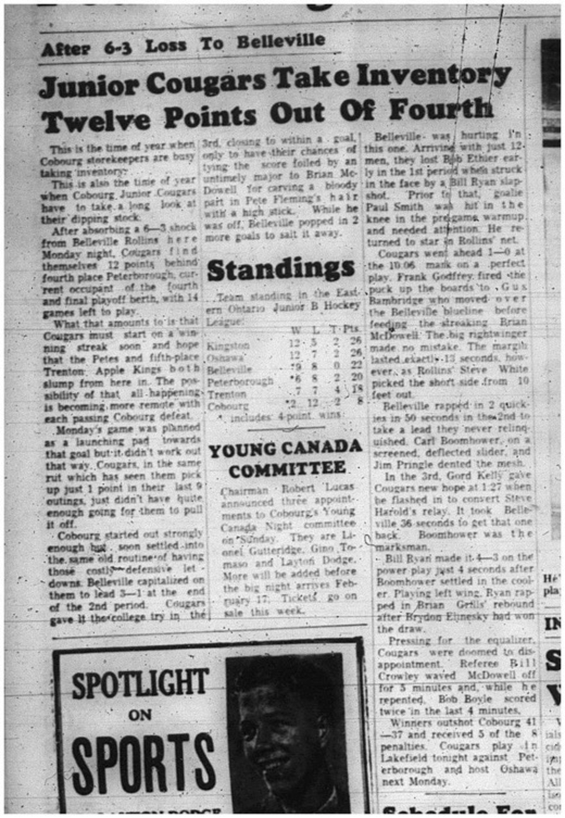 1966-01-12 Hockey -Boys -Junior B - Cobourg Cougars Vs. Belleville