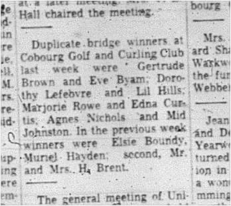1966-01-19 Bridge -Mixed -Cobourg Golf and Curling Club - Duplicate Bridge