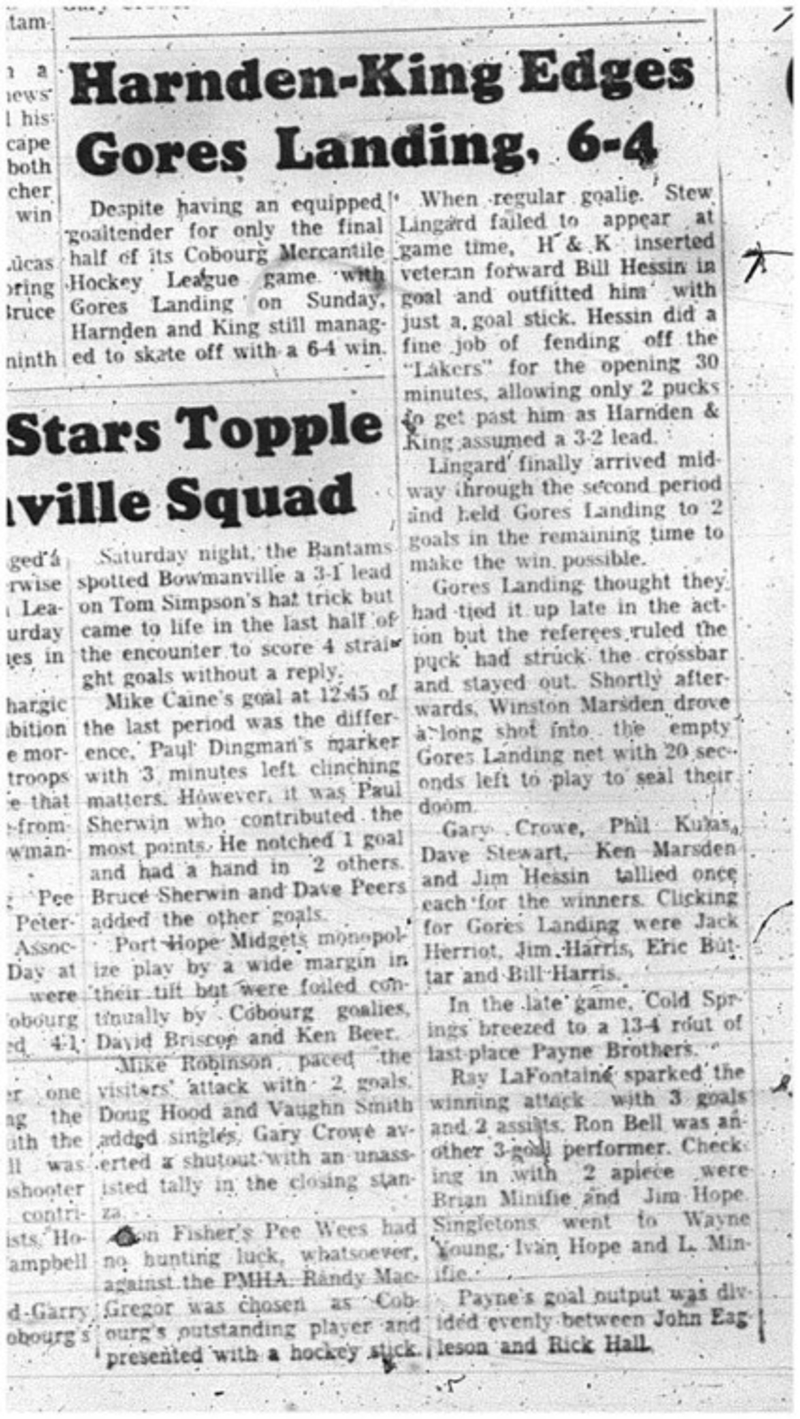 1966-01-19 Hockey -Men -Cobourg Mercantile Hockey League - Harnden King Vs. Gores Landing