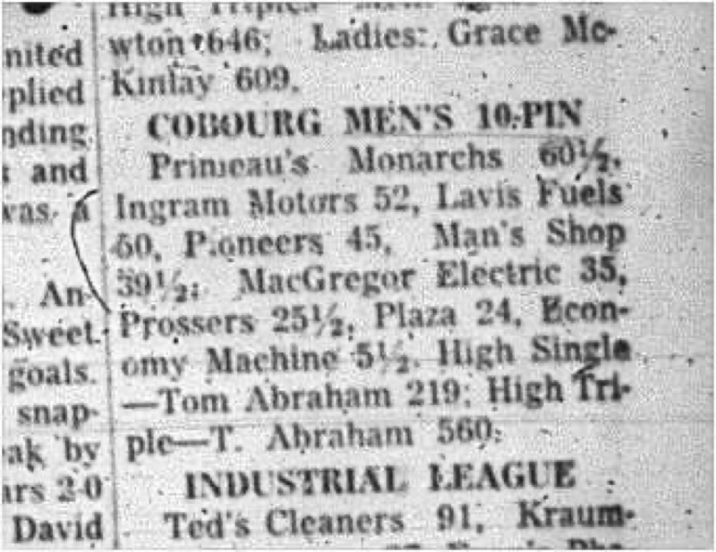 1966-01-26 Bowling -Men -Cobourg Mens 10-Pin League
