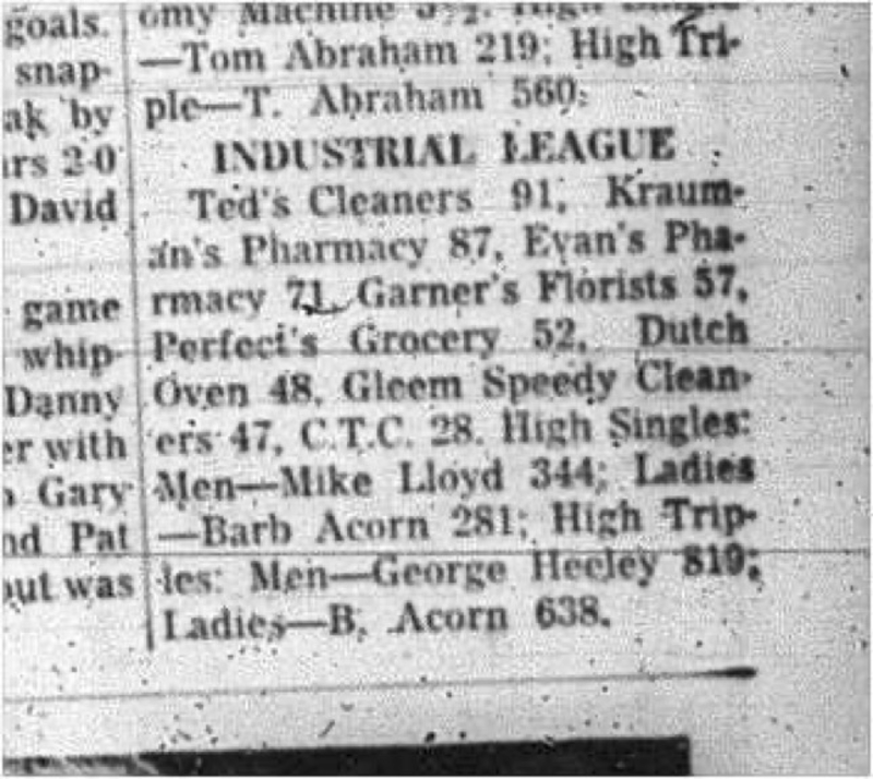 1966-01-26 Bowling -Mixed -Cobourg Industrial League
