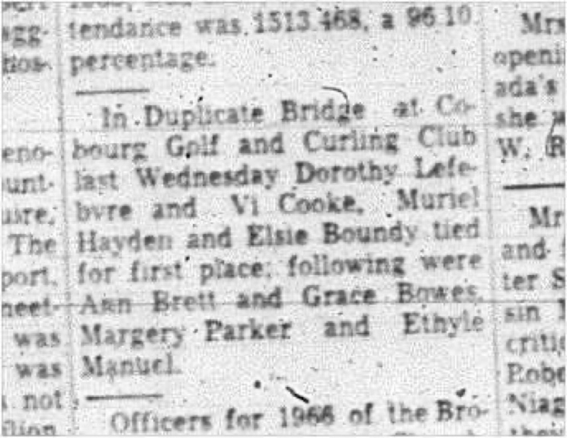 1966-01-26 Bridge -Mixed -Cobourg Golf and Curling Club - Duplicate Bridge