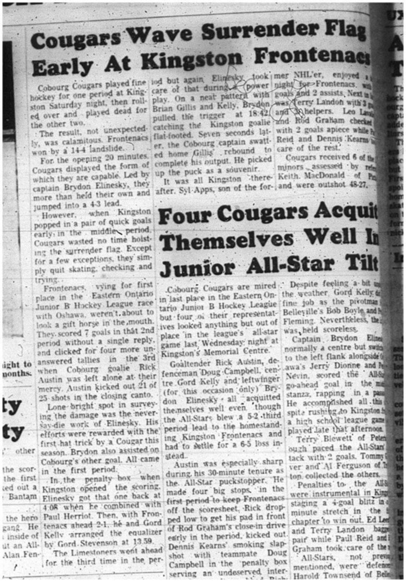 1966-01-26 Hockey -Boys -Junior B - Cobourg Cougars Vs. Kingston Frontenacs