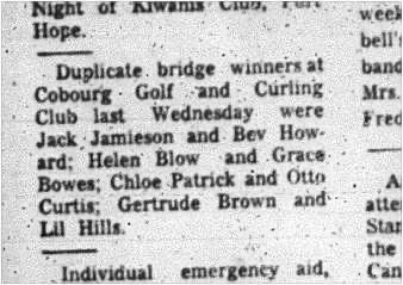 1966-02-05 Bridge -Mixed -Cobourg Golf and Curling Club -Duplicate Bridge