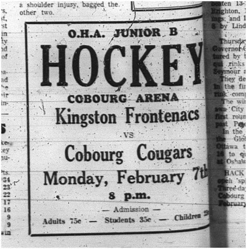 1966-02-05 Hockey -Boys -Junior B - Cobourg Cougars Vs. Kingston Frontenacs