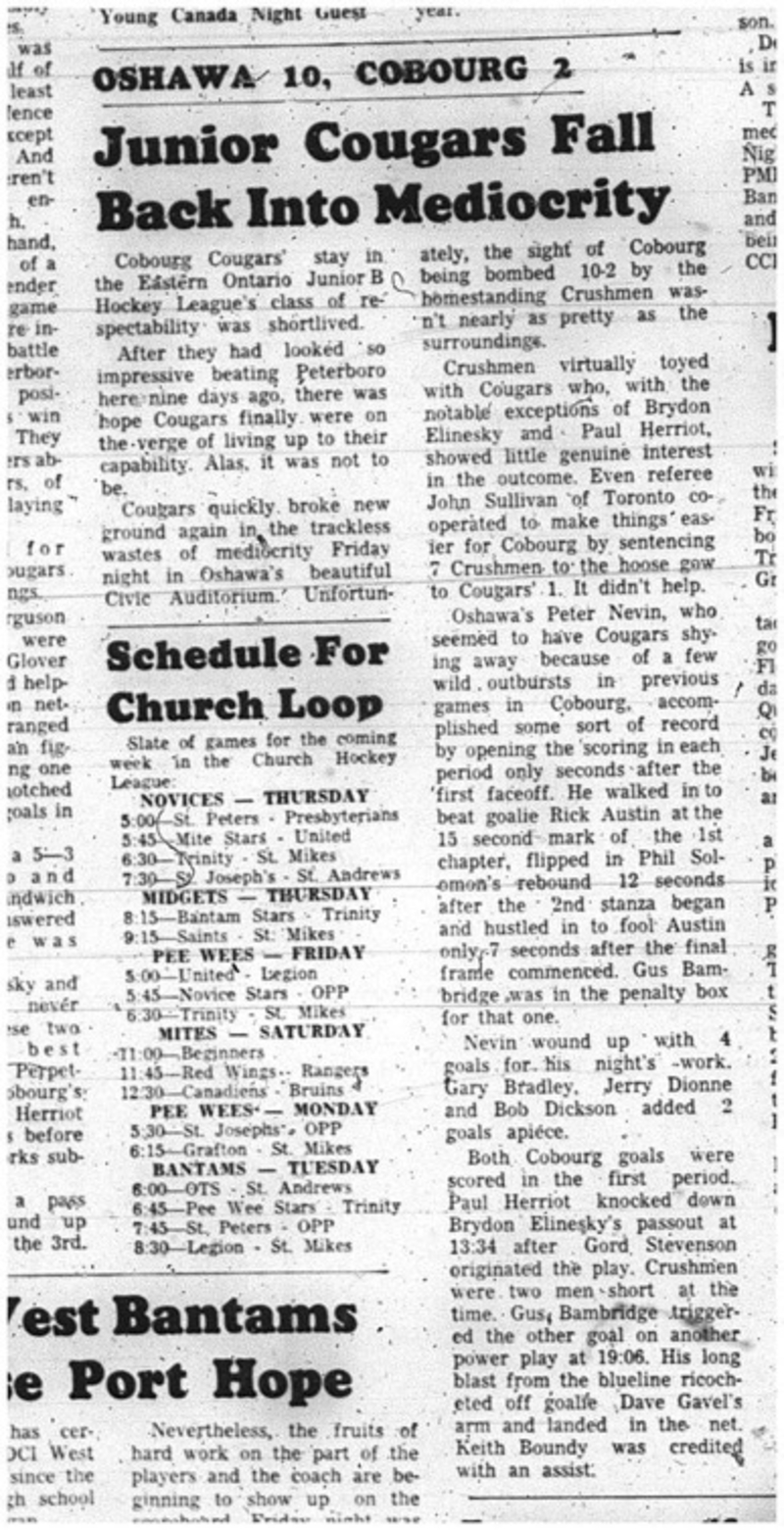 1966-02-05 Hockey -Boys -Junior B - Cobourg Cougars Vs. Oshawa