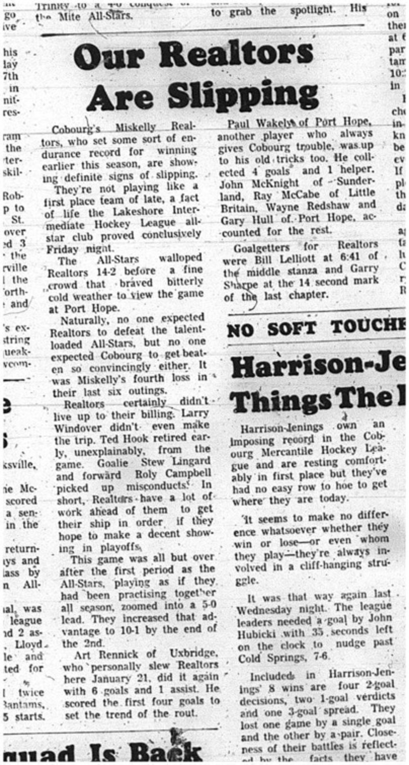 1966-02-05 Hockey -Boys -Lakeshore Intermediate Hockey League - Cobourg Miskelly Realtors